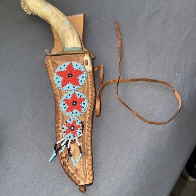 Custom Handmade Bowie Knife Antler Handle, Turquoise Inlay, Engraved Blade Rare - Image 1 of 4