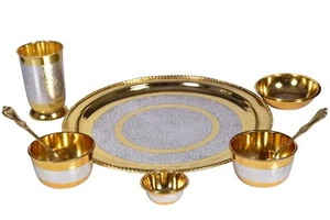 Brass Thali/Dinner Set with Etching Work for Home Hotel Dining Occasional Thali - Picture 1 of 5