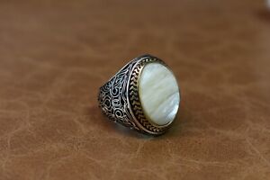 Handmade 925 Sterling Silver Men's Ring White Pearl Turkish Ottoman Style 8.5