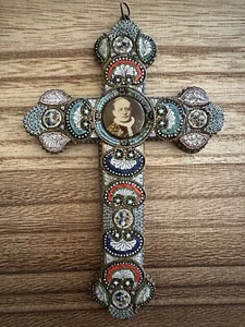 Antique Large Micro Mosaic Cross Pendant Photo Pope Pius XI 5.5” x 3.5” - Picture 1 of 12