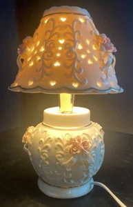 Vintage Beautiful Rose And Gold Accented  Lamp with Lattice Work Shade, 11" high - Picture 1 of 15