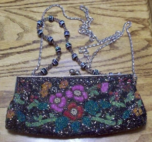 Vintage Floral Blumen Perlen Kiss Lock Clutch Tasche Handtasche 2 Riemen Kette & Perlen - Bild 1 von 7