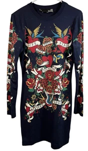 Love Moschino Mini Dress Womens Sz 4 Black Tattoo Print Y2K Long Sleeve Graphic - Picture 1 of 4