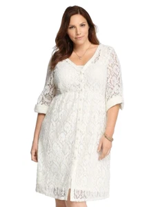 TORRID ( 0X )  Ivory Lace Shirt Dress Shirtdress Empire Lined Tab Sleeves V-neck - Picture 1 of 3