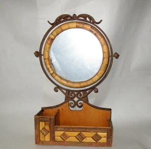 Antique Cast Iron & handcut Bamboo 21.5" Vanity MIrror w Open Cosmetic Holders - Picture 1 of 9