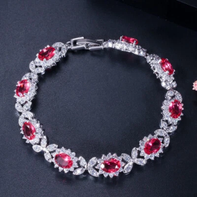 Nuevas pulseras plateadas de lujo con piedras preciosas de topacio blanco ovaladas brillantes con flores para mujeres niñas Foto 1 de 4