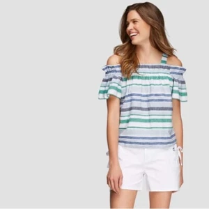 Joe Fresh | NWOT Blue White Stripe Linen Blend Cold Shoulder Top Size Small - Picture 1 of 8