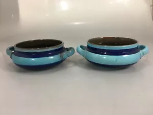 Gabriel Suecia Juego de 2 cuencos de sopa de cereal con mango de gres azul mediados de siglo MCM - Imagen 1 de 5