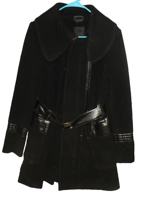 Gabardina larga para mujer RUDSAK negra tejida mezcla de lana ribete de cuero talla pequeña (Rk. Foto 1 de 4