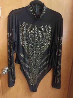 Sexy Black Mesh Bodysuit With Gold Beaded Design Size 2XL  - Image 1 of 4
