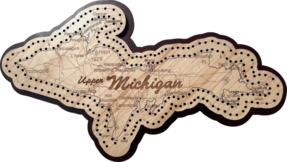 Upper Michigan Shaped Road Map Cribbage Board - Image 1 of 1