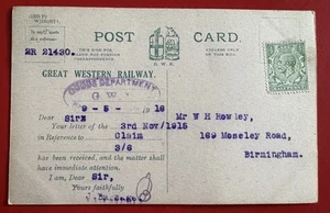 GWR Great Western Railway Official Use Correspondence Postcard Used 1916 - Picture 1 of 2