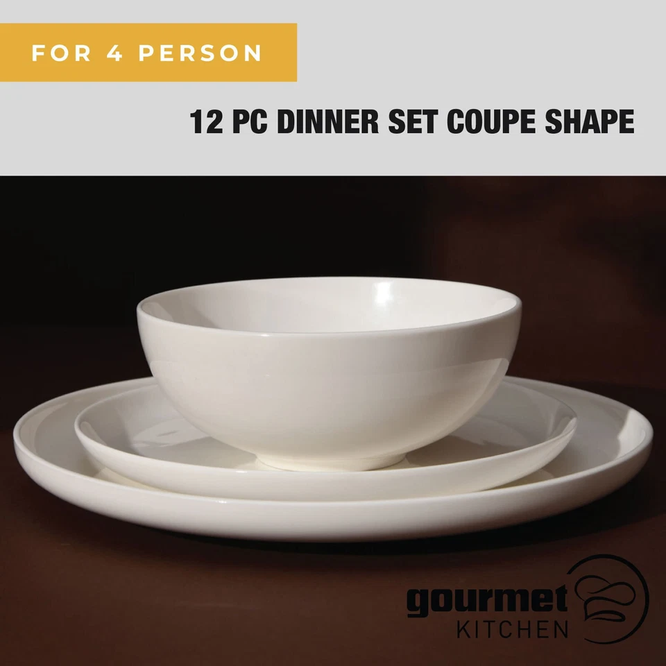 Gourmet Kitchen 12 Pieces Dinner Set Coupe Shape For 4 Person Gloss Glaze White - image 1 of 4
