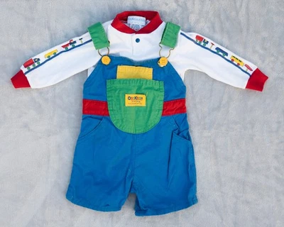 Vtg 90s Oshkosh B'Gosh Color Block Shortall w Matching Cars Truck Shirt 6-9 Mos - Image 1 of 4