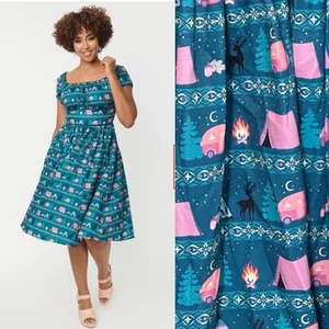 Vestido Columpio Valencia Pequeño Vintage Único Estampado Camping Verde Azulado - Imagen 1 de 11