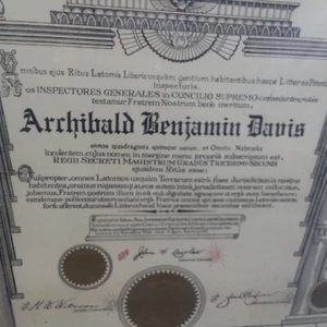 ARCHIBALD BENJAMIN DAVIS.....33rd LEVEL OF FREEMASONS CERTIFICATE...1924....LOOK - Picture 1 of 6