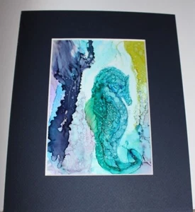 "Blue Sea Horse" -Alcohol Ink Painting 5"X7" - 8"X10" Pro Beveled Mat - Picture 1 of 2