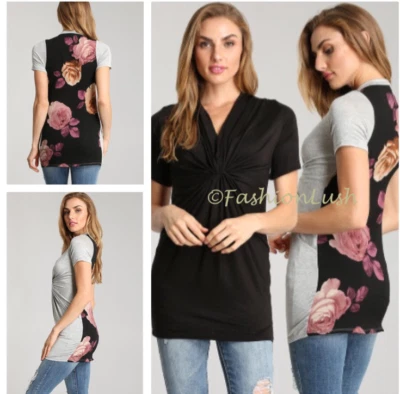Sexy Floral Print Plunge V-Neck Twist Knot Detail Blouse Tunic Short Sleeve Top - Image 1 of 4