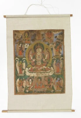 Antiguo rollo de panel pintado Thangka budista tibetano montado 23,5" x 35,5" T Foto 1 de 4