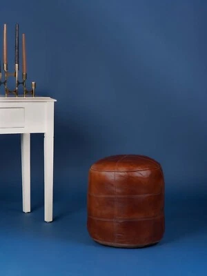 BBH HOMES HECHO A MANO ECOLÓGICO FORMA REDONDA RELLENO BÚFALO CUERO MARRÓN PUF Foto 1 de 4