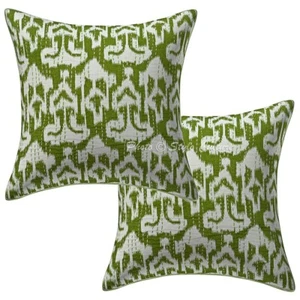 Boho Hippie Yoga Pillow Case Cushion Cover Green Kantha Bohemian Meditation - Picture 1 of 5