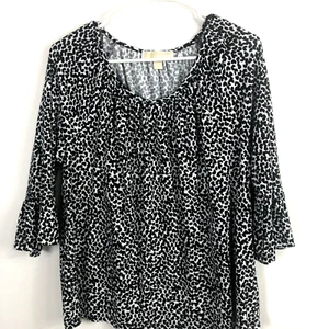 Women's Michael Kors Black White Abstract Round Neck 3/4 Bell Sleeve Blouse Sz S - Picture 1 of 5