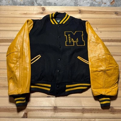 Vintage 60s M East Leather Sleeves Full Button Letterman Varsity Jacket Size 44 - Image 1 of 4
