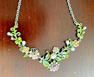 Collar Vintage Tono Plateado - Estrás Rosa y Transparente / Diseño Floral Pera - Imagen 1 de 5