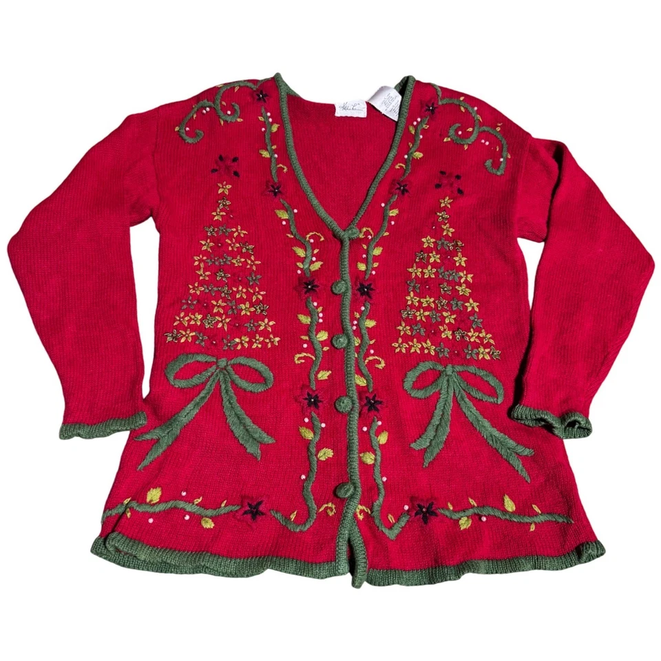 Cárdigan de Navidad vintage Kathie Lee rojo bordado - grande para mujer HERMOSO Foto 1 de 4