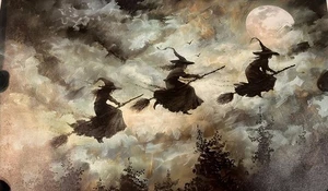 Halloween 3 WITCHES On Brooms Printed Canvas Wall Art 15.75” x 23.75” Unframed - Picture 1 of 7