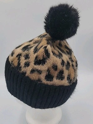 KATE SPADE Leopard Print Knit Ribbed Faux Fur Black Pom Pom Beanie Hat  - Image 1 of 4