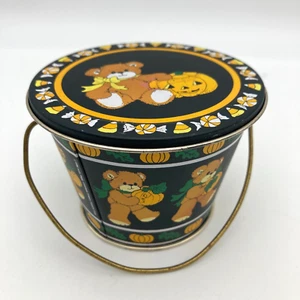 Vintage Enesco Halloween Tin Litho Bear Pumpkin Lidded Pail w/ Handle Hong Kong - Picture 1 of 13
