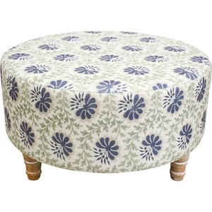 LVD 61cm Wood/Linen Ottoman Round Seat/Stool Home/Room Decor Furniture Indiennes - Picture 1 of 3