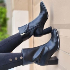 Black High Chunky Heeled Boots Zip Up Square Toe Ankle Booties (Size 6) - Picture 1 of 6