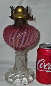 ANTIQUE 1880's USA CRANBERRY OPALESCENT SHELDON SWIRL KEROSENE OIL LAMP LIGHTING - Picture 1 of 7