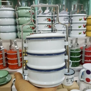 Enamel Lunch Box Food Container Pinto Tiffin 3 Stacks Enamelware White Vintage - Picture 1 of 10