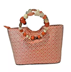 VTG Straw Purse Beaded Handles Cappelli Straworld Bag Orange Twisted Woven - Picture 1 of 11