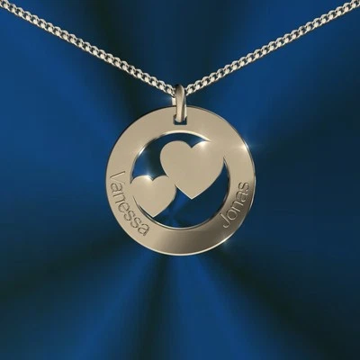 Anhänger rund mit 2 Herzen, Inkl. Gravur, Silber 925, , Namenskette, Initiale  - Bild 1 von 2