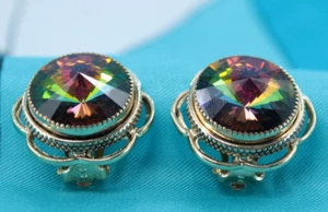 VTG Women's 70s NOS Whiting & Davis Gold Tone Watermelon Jewel Clip On Earrings - Picture 1 of 8