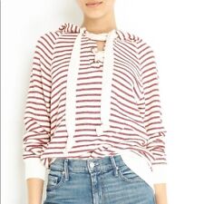 The Great. Tie Lace Up Relaxed Fit Terry Hoodie Brick Red Ivory Stripe 0 XS