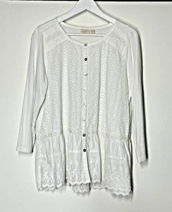 LOGO Lavish by Lori Goldstein Woven Button Front Top Women's Ivory Lace Trim Med - Picture 1 of 11