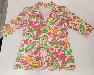 Sz M Katherine Way Pink Bold Print 3/4 Sleeve Nylon V-Neck Top Tunic Resort - Picture 1 of 8