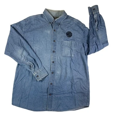 VTG 90s Faded Denim Shirt Long Sleeve Button Up Motor Car Co MG Logo Mens LT - Image 1 of 4