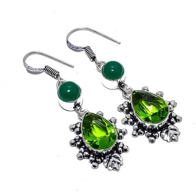 Peridot, Green Onyx Gemstone 925 Sterling Silver Earring 2.1" J685 - Image 1 of 4
