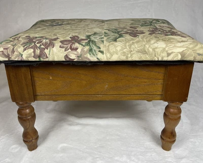 VTG Wood Storage Footstool Hinged Floral Tapestry Top Grandmillennial Cottage - Image 1 of 4