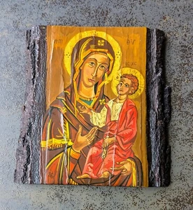 Ikone Heiligenbild Maria und Jesus auf Holz Baumrinde  - Bild 1 von 6