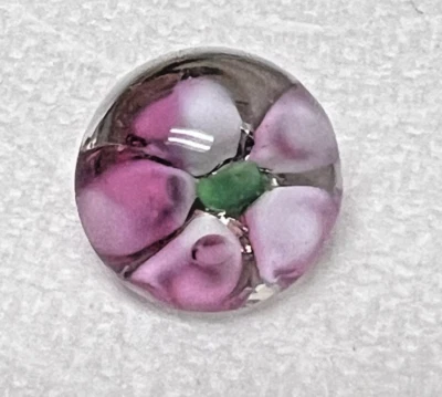 Antique Round Glass Paperweight Button Pink White Flower 9/16th Inch - Image 1 of 4