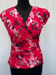Wrap Blouse e-vie size 14 red floral cap sleeve cotton womens - Picture 1 of 9