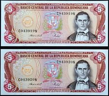 Lot of 2x 1988 Dominican Republic 5 Pesos Banknotes - Consecutive Serials, UNC