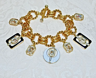 New $185 HEIDI DAUS "Mod Revival" Enamel Crystal Charm Bracelet Black White - Image 1 of 4